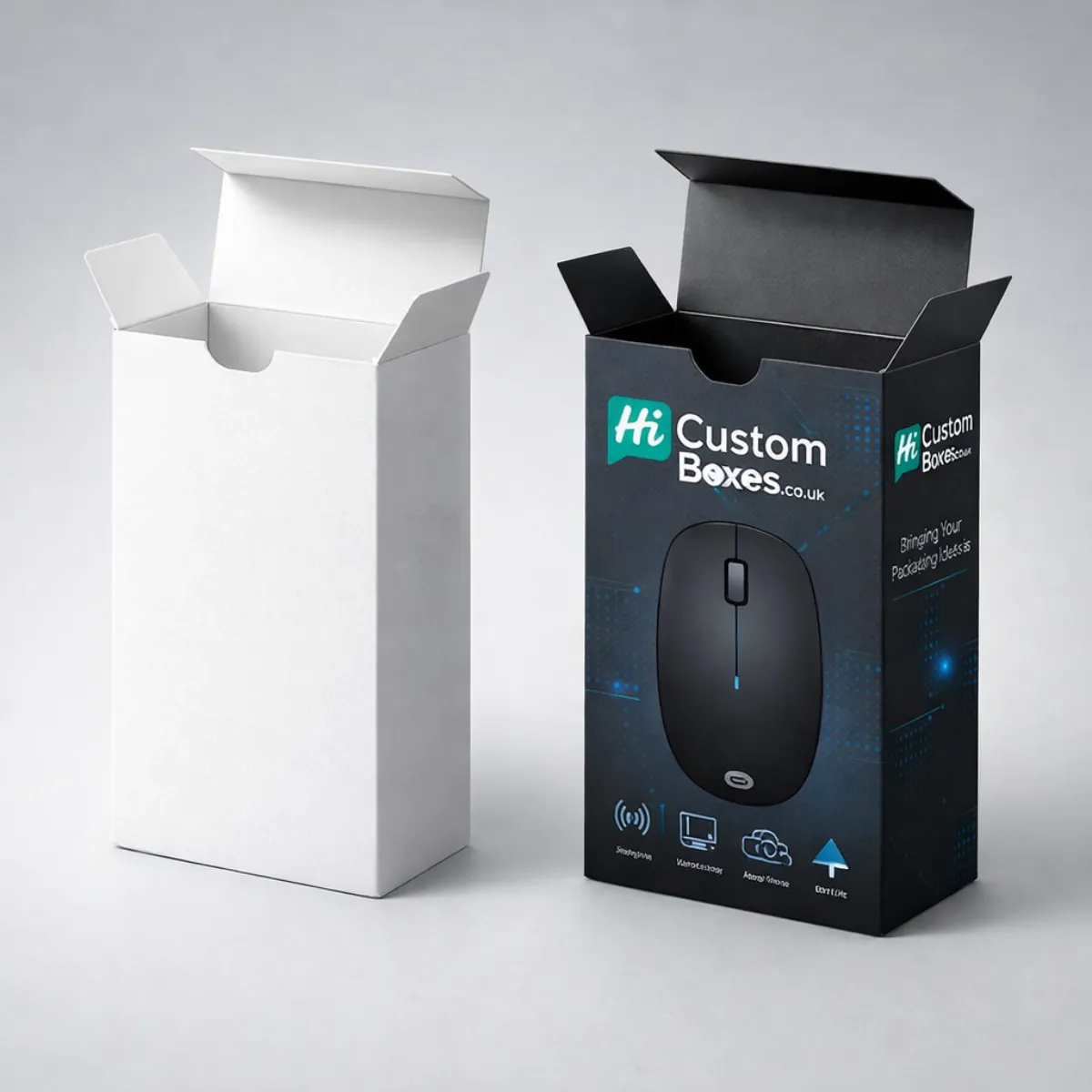 Vertical tuck-top boxes with open lids, displaying a minimalist white version and a branded black tech version. class=